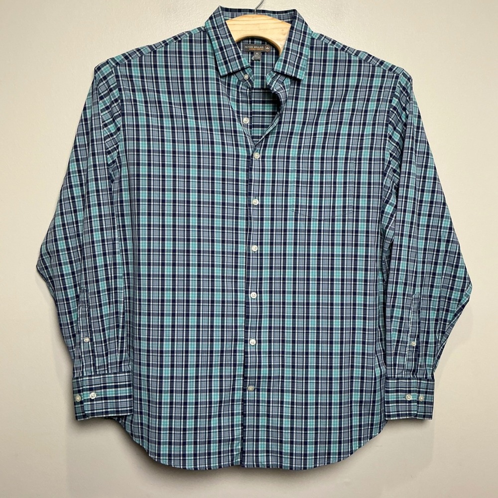 Peter Millar Button Down Shirt Mens XL Teal Blue Plaid Summer Comfort Excellent